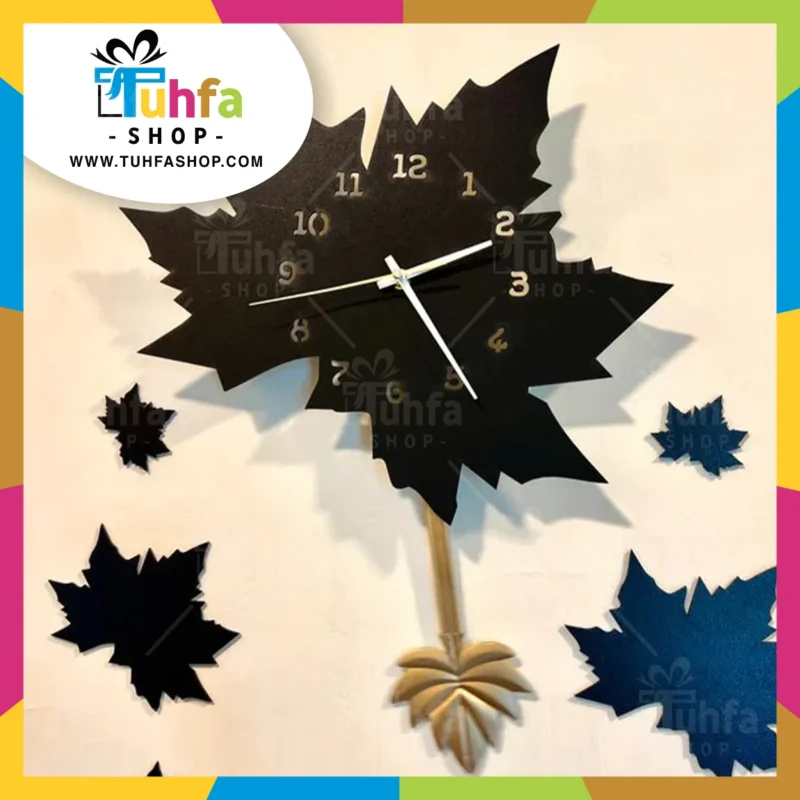 Black Maple Leaf Wall Clock with Pendulum by Tuhfashop.com