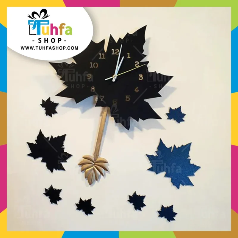 Black Maple Leaf Wall Clock with Pendulum by Tuhfashop.com - Image 2