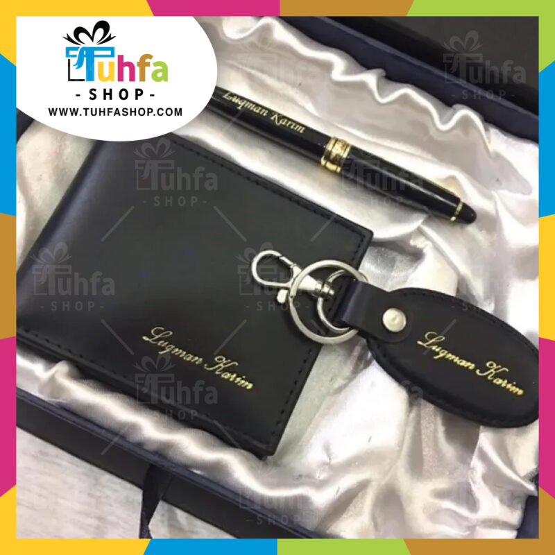 Customized/Personalized Name Genuine Leather Wallet, Key Chain & Pen - Customize Gift Set With Gift Packaging - Genuine Cow Leather Wallet & Keychain and Luxury Ball Point Pen Set