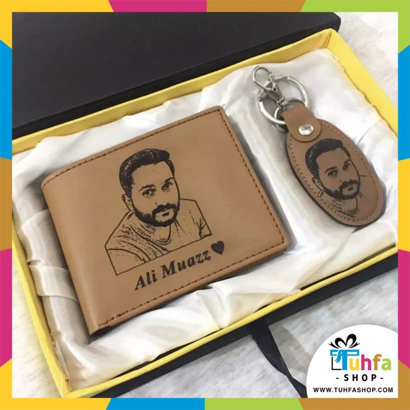 Customize Name and Picture Engraved Wallet and keychain with box